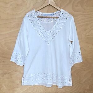Gretchen Scott Designs White Eyelet V-Neck Tunic Blouse Womens Sz XL.